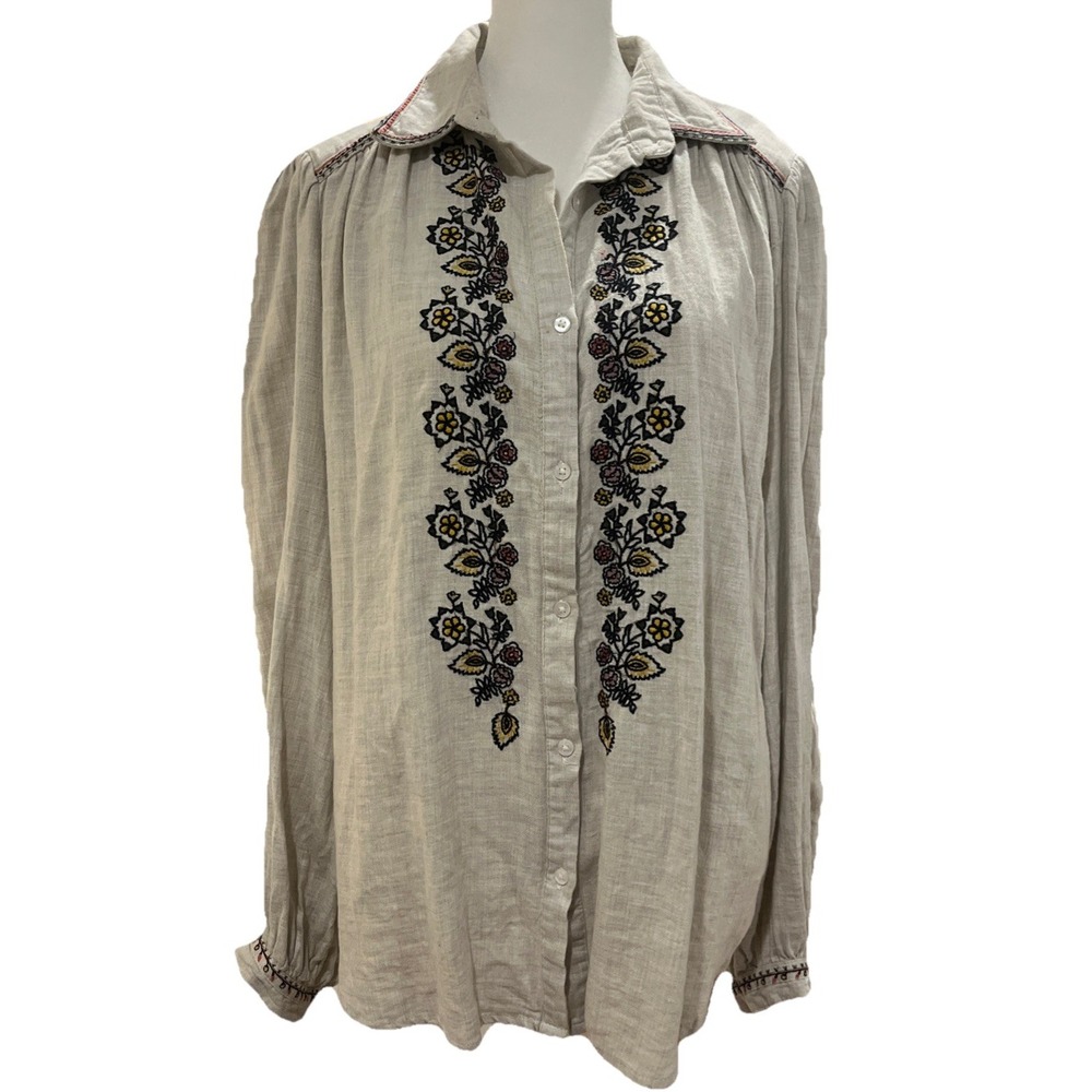Max Studio Womens Embroidered Shirt Blouse Cotton Floral Prairie Cowgirl Boho LG - Picture 2 of 12